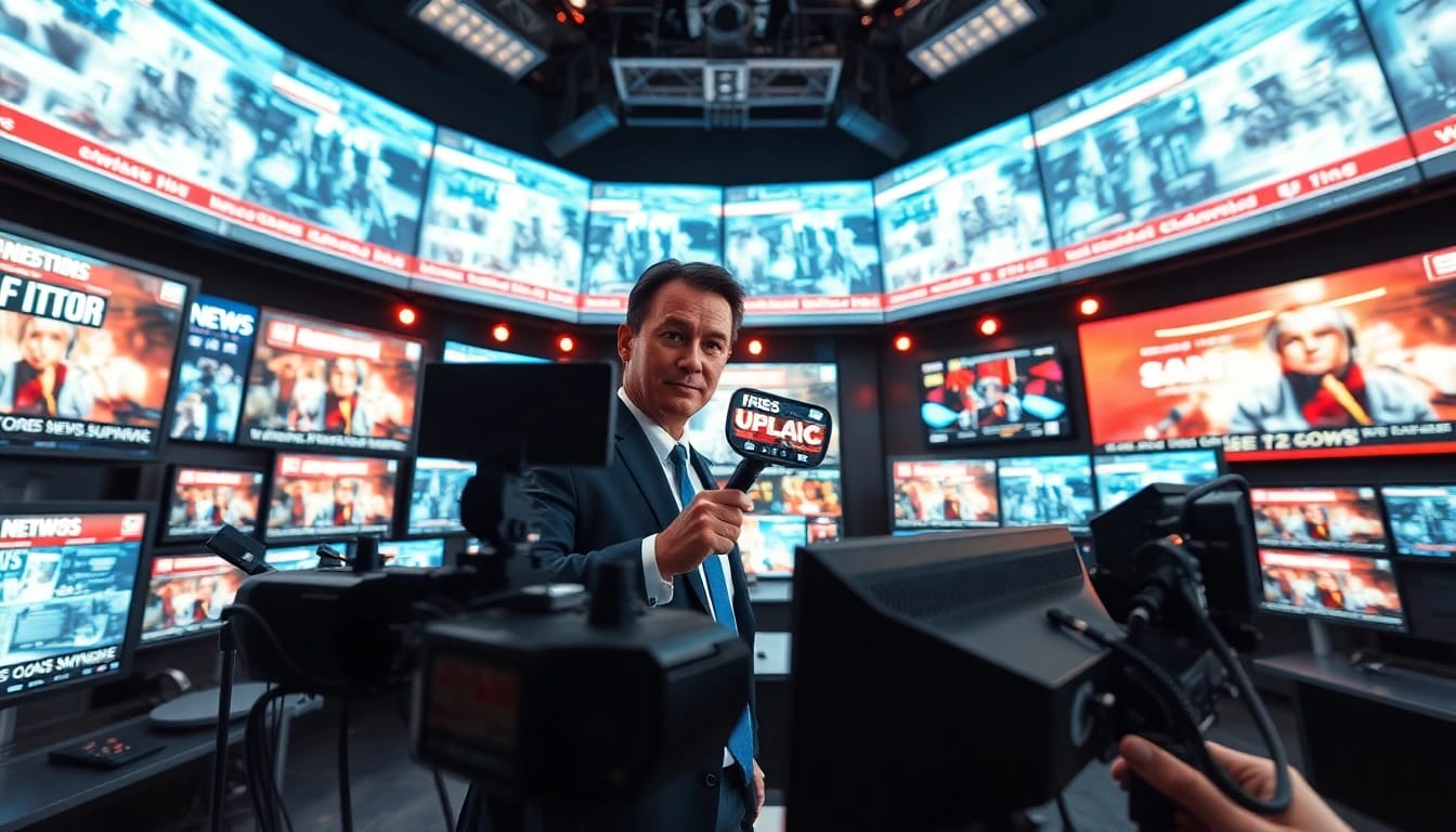 Capture engaging news coverage with a journalist reporting in a high-tech newsroom.