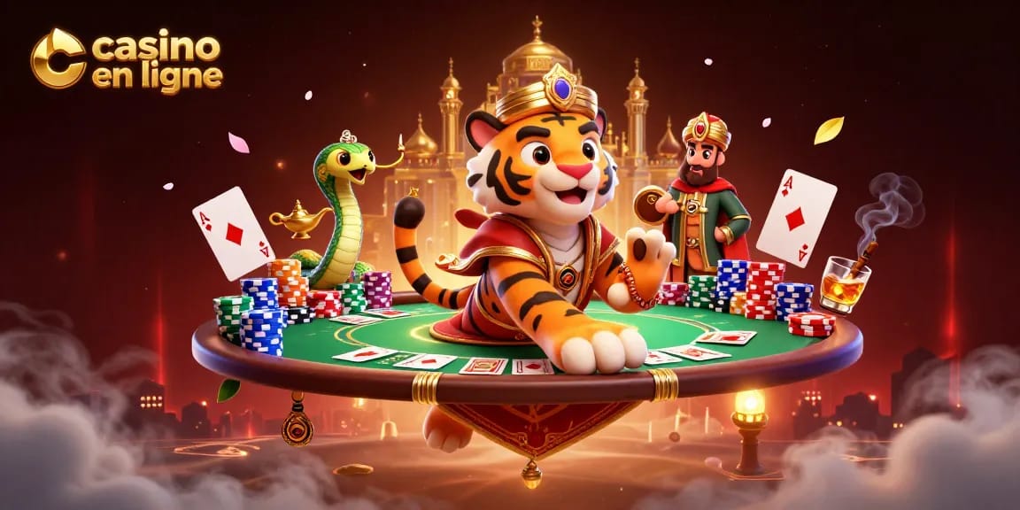 Jouer dans un casino en ligne avec un sultan tigre sur un tapis volant rempli de jetons.