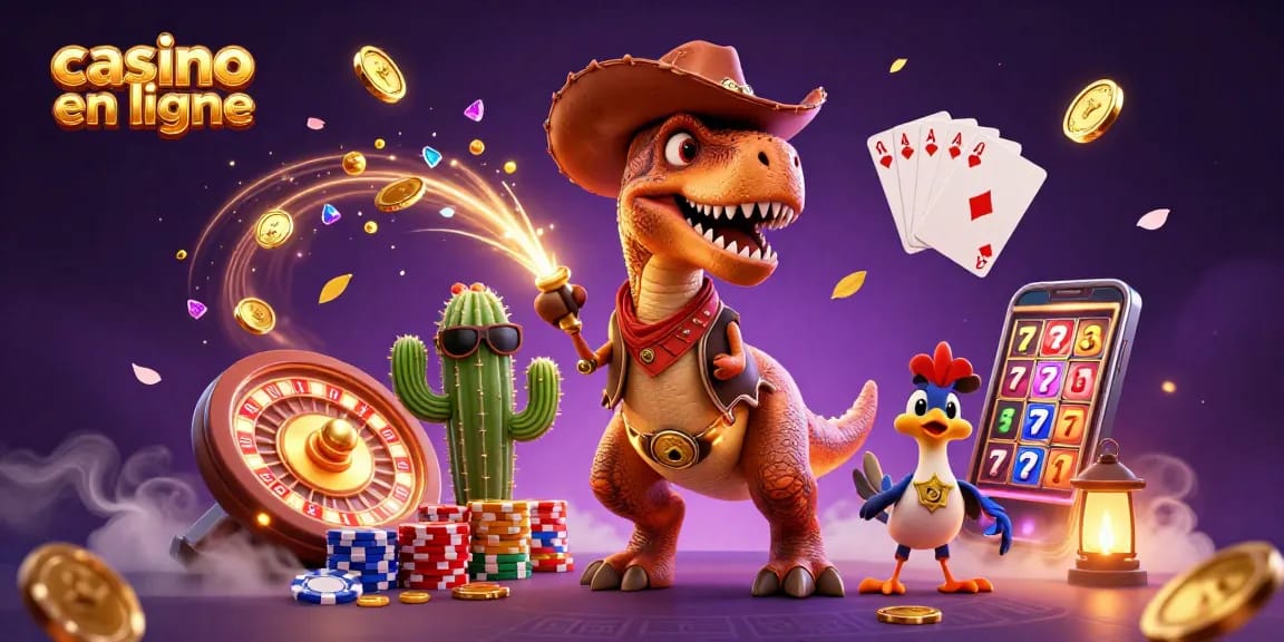 Vivez le frisson du casino en ligne avec un T-Rex cowboy parmi des pièces d'or et des jetons.
