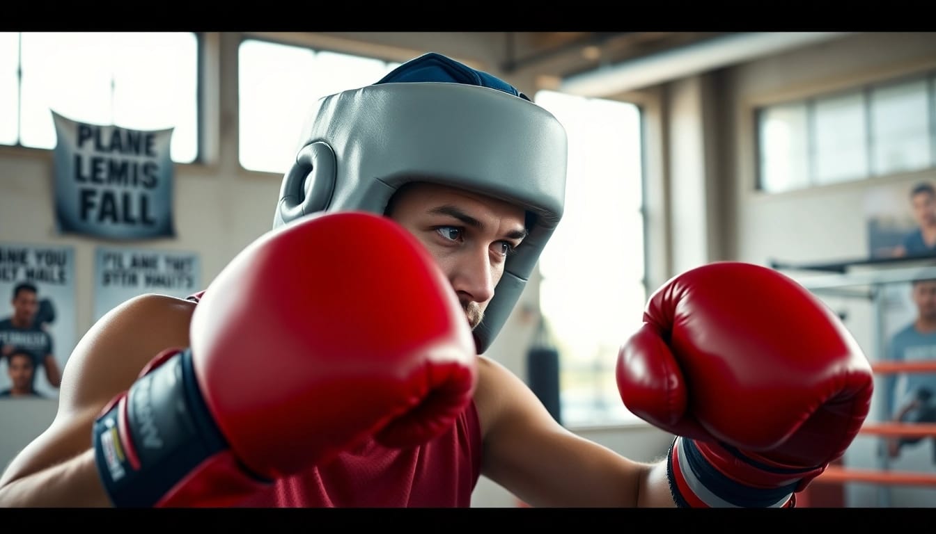 Der Boxer trägt hochwertiges headgear boxing und trainiert fokussiert in einem Fitnessstudio.