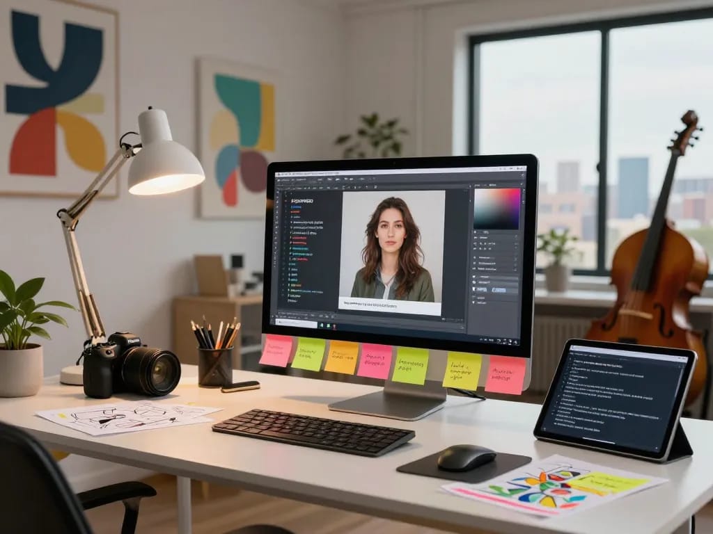 Creating image to prompt ai in a bright creative workspace with vibrant decor and technology.