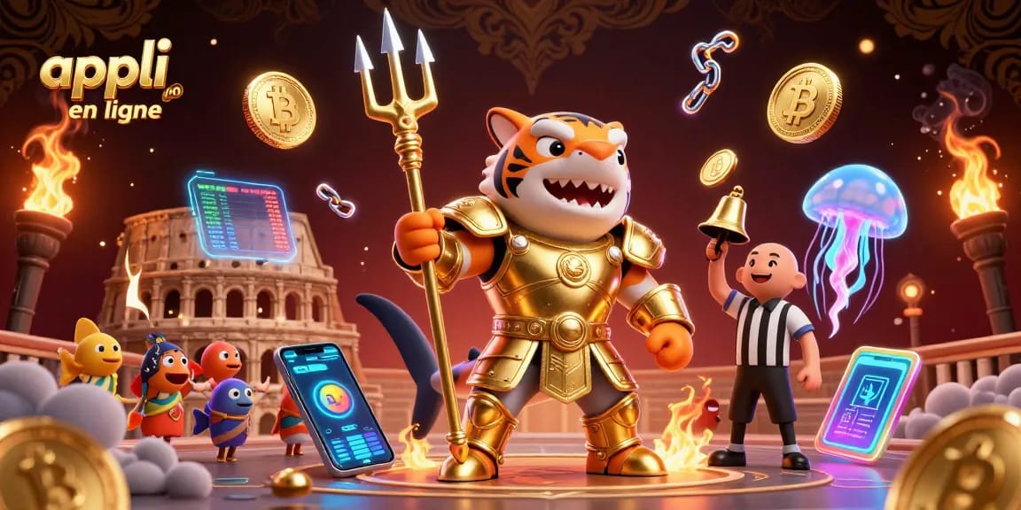 Découvrez l'appli casino en ligne avec un requin tigre en armure dorée dans une arène sous-marine.