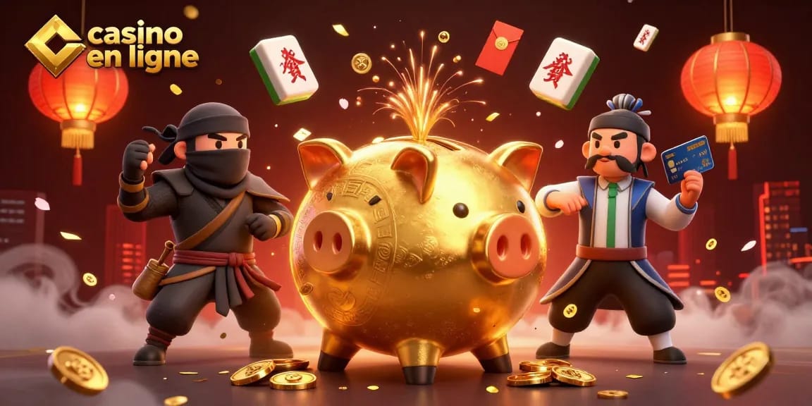 Célébrez le casino en ligne avec un énorme cochon tirelire, des pièces d'or jaillissantes, et une ambiance festive.