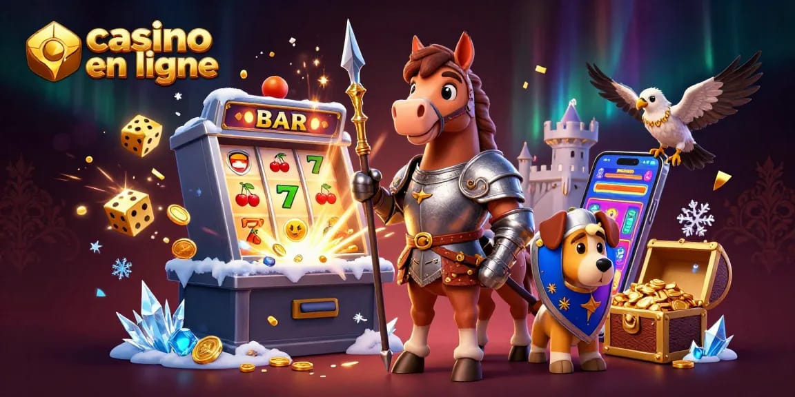 Illustration dynamique capturant l'univers des casinos en ligne avec un chevalier, un chiot et un faucon.