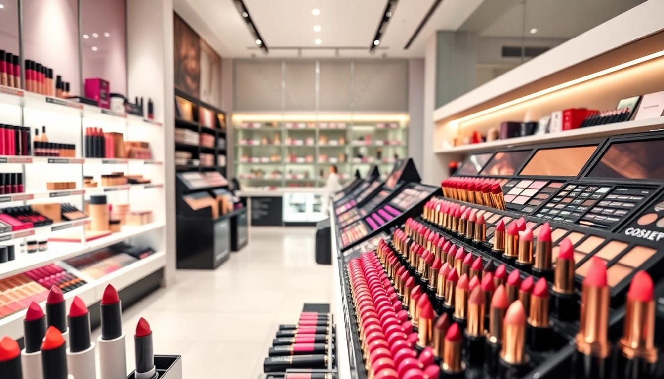 Visit this makeup wholesale setup showcasing vibrant products and organized displays.