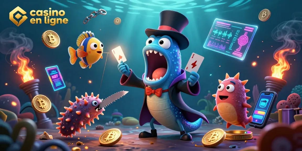 Plongez dans l'univers captivant du casino en ligne avec cette illustration colorée d'une anguille réalisant un tour de magie, entourée de symboles cryptographiques et d'éléments de jeu.