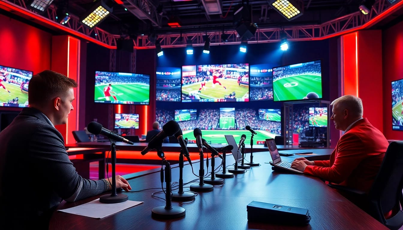 Dynamic scene of Sports Broadcasting with hosts engaging viewers in a vibrant studio setting.