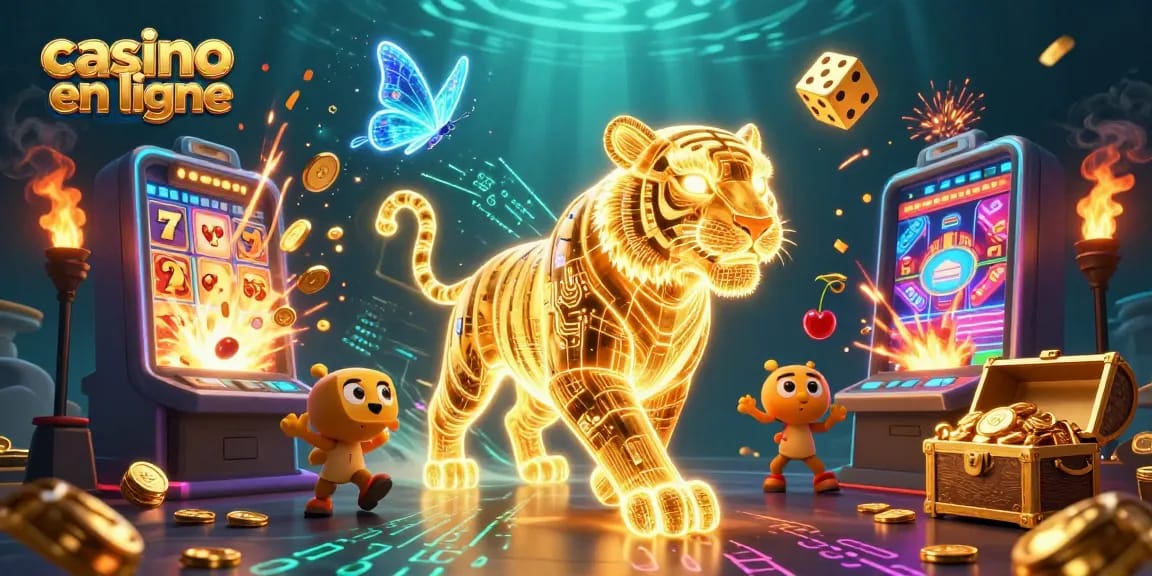Jouer sur casino en ligne avec un tigre en lumière face à une machine à sous et des jets d'argent.