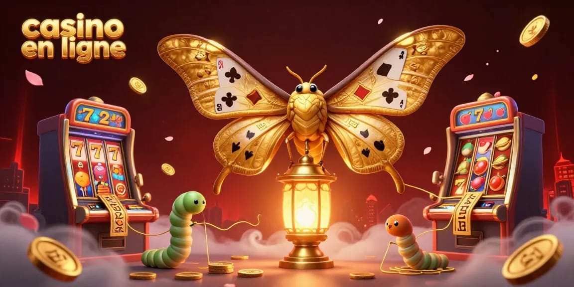 Célébrez le casino en ligne avec un papillon géant et des machines à sous animées.