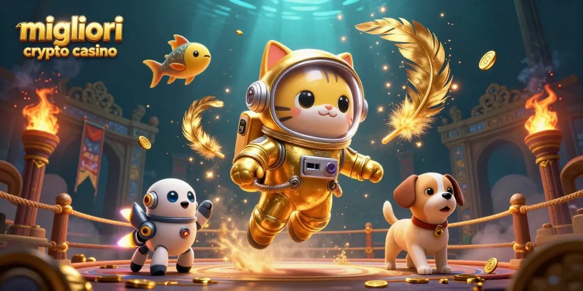 Giocando nei migliori crypto casino, un gatto astronauta galleggiante esplora un mondo di divertimento.