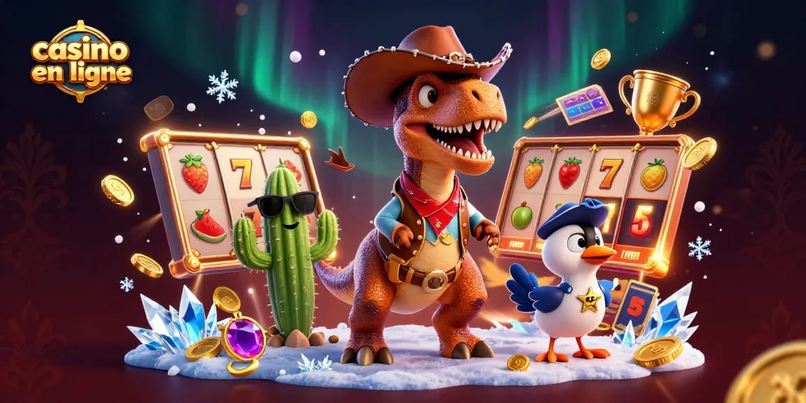 Jouer au casino en ligne avec un dinosaure cowboy et des éléments de jeux de machines à sous.