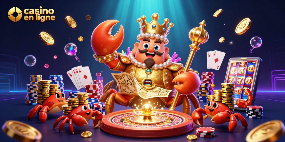Illustration dynamique de crabes jouant au casino en ligne avec des jetons dorés et une roulette.