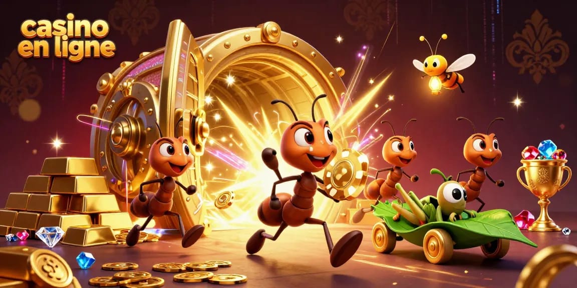 Découvrez le casino en ligne avec des fourmis transportant un jeton doré, entourées de trésors scintillants.