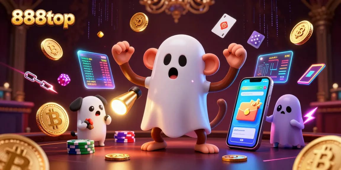 Experience thrilling action at 888top as a mischievous ghost and a puppy chase glowing treasure in a vibrant casino.