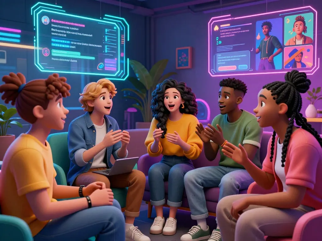 Engaging avatars in vibrant digital chat room representing ai chat porn interactions.