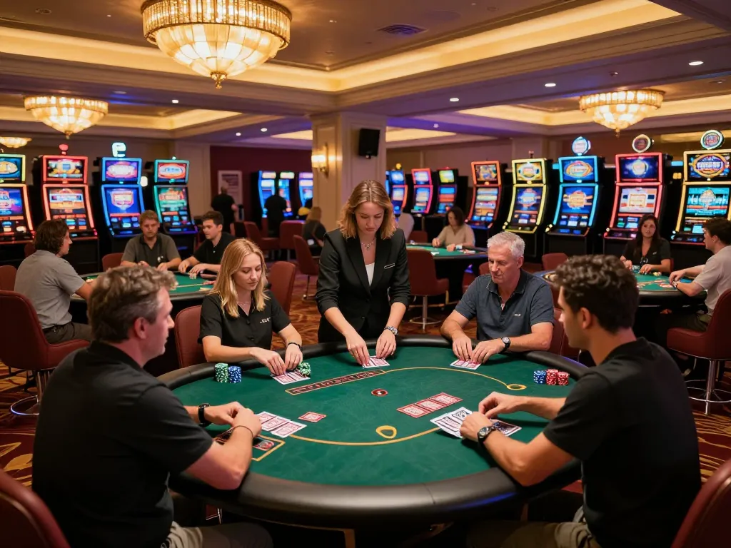 Migliori casino europei online scene with players engaged at poker tables, vibrant atmosphere.