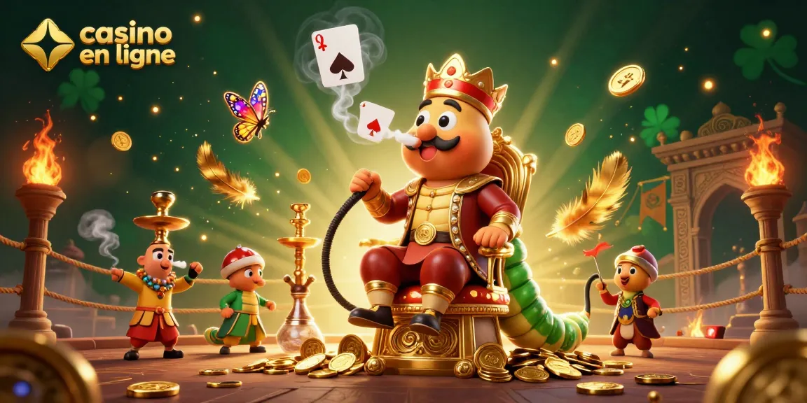 Illustration 3D de casino en ligne avec un personnage maître du narguilé et des symboles de cartes de poker.