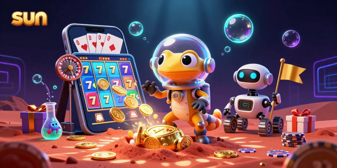 Sun-themed cartoon illustration of a Martian gecko discovering a golden casino with vibrant gambling elements.