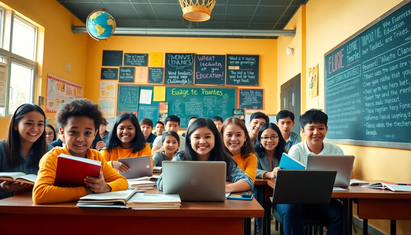 Exciting classroom scene showcasing education, diverse students, and modern learning tools in an engaging environment.