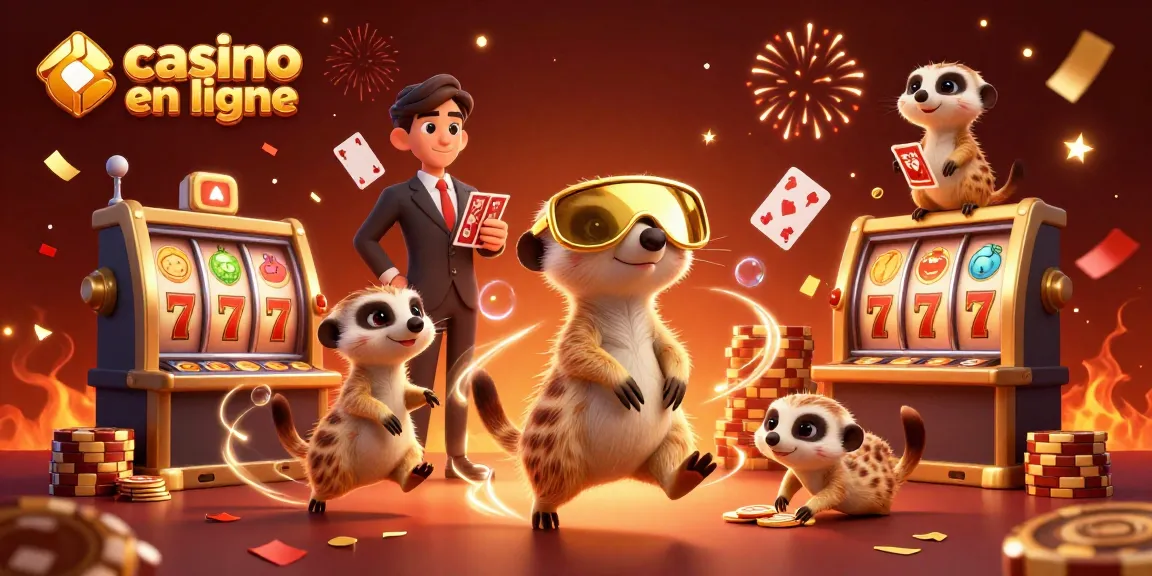 Les meerkats gèrent un casino en ligne, entourés de jackpots et de confettis.