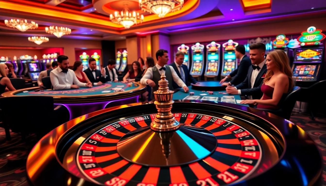Players experience the thrill of gambling at Thabet77 with various games and vibrant casino ambiance.