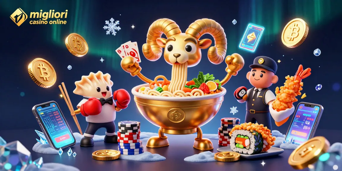 Migliori casino online: Gioco d'azzardo vivace con un ramen gigante che distribuisce carte e fiches.