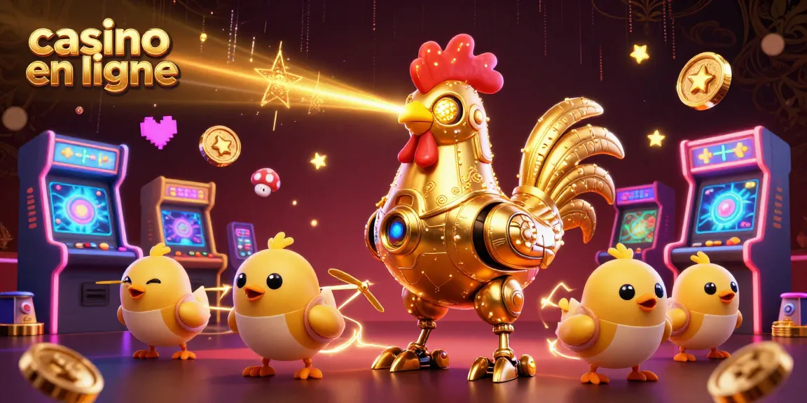 Revivez l'excitation du casino en ligne avec une scène vibrante de jeux d'arcade et un robot unique.
