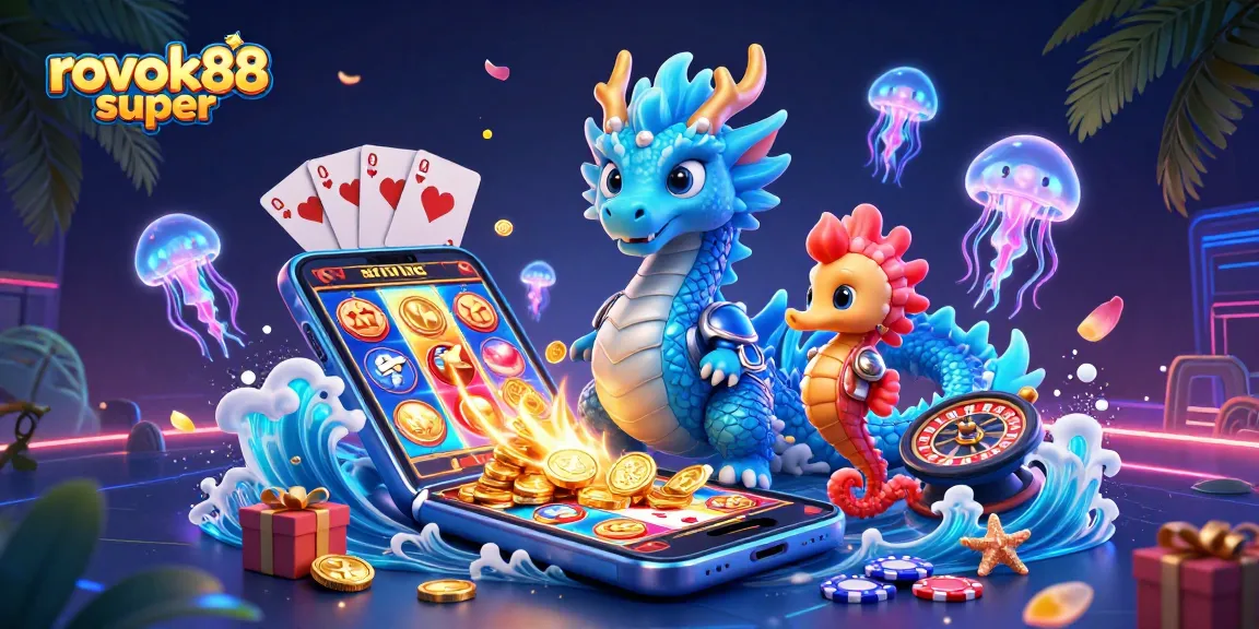 Engage with rokok88 super at a vibrant casino scene featuring a magical dragon and knight.