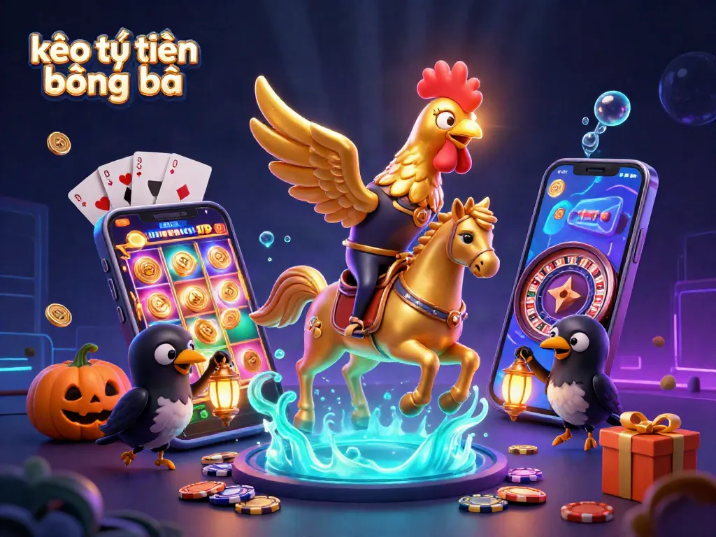 Cược kèo trực tuyến bóng đá với hình ảnh ngựa ma và gà vàng trong sòng bạc, đầy màu sắc hấp dẫn.