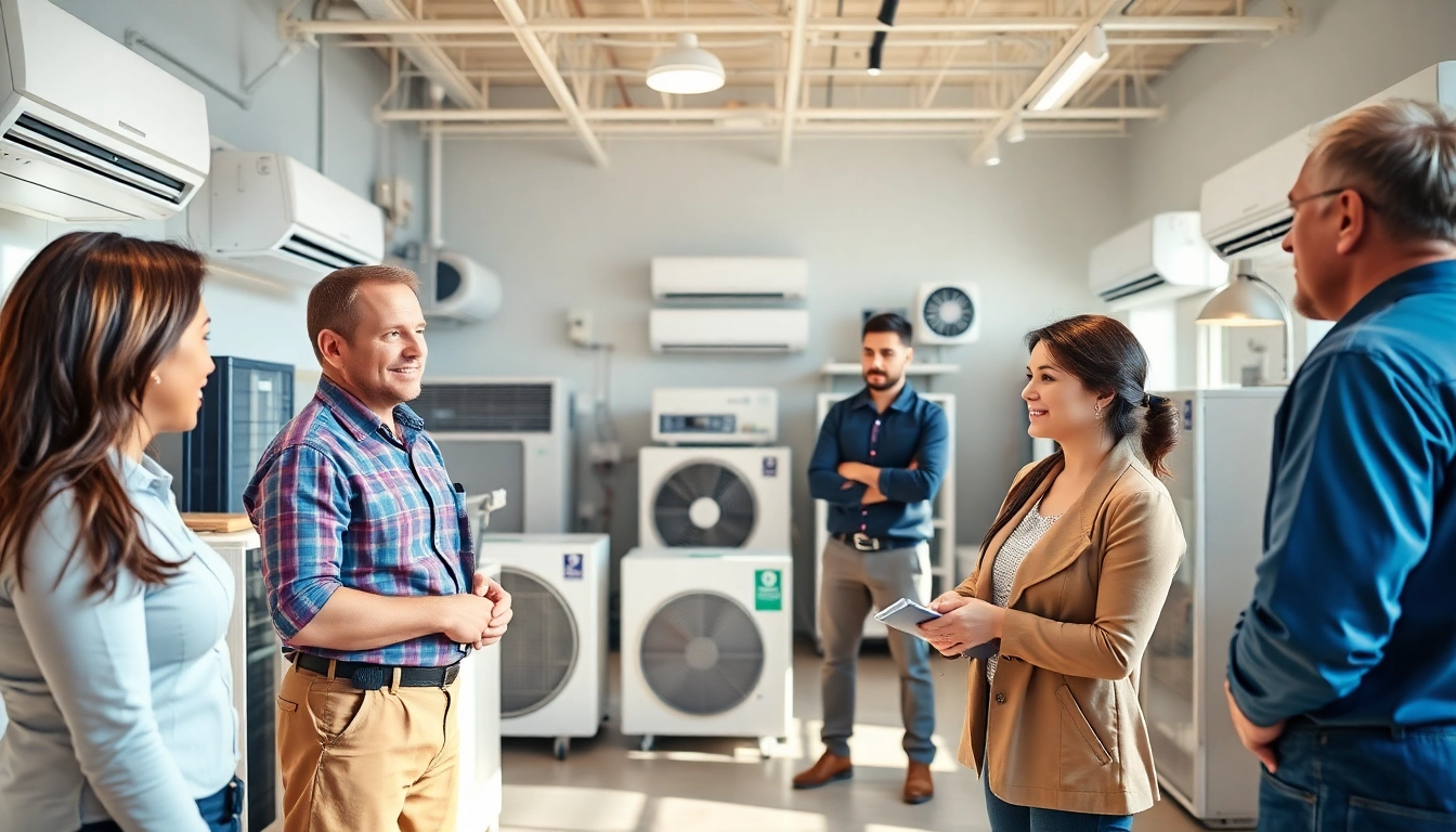 HVAC dealers providing expert assistance in a vibrant showroom filled with various heating and cooling systems.