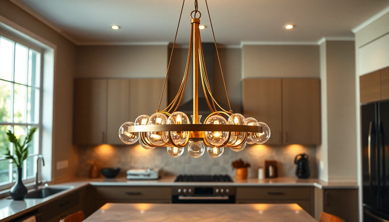 Illuminated island chandelier elevating the elegance of a stylish kitchen space.
