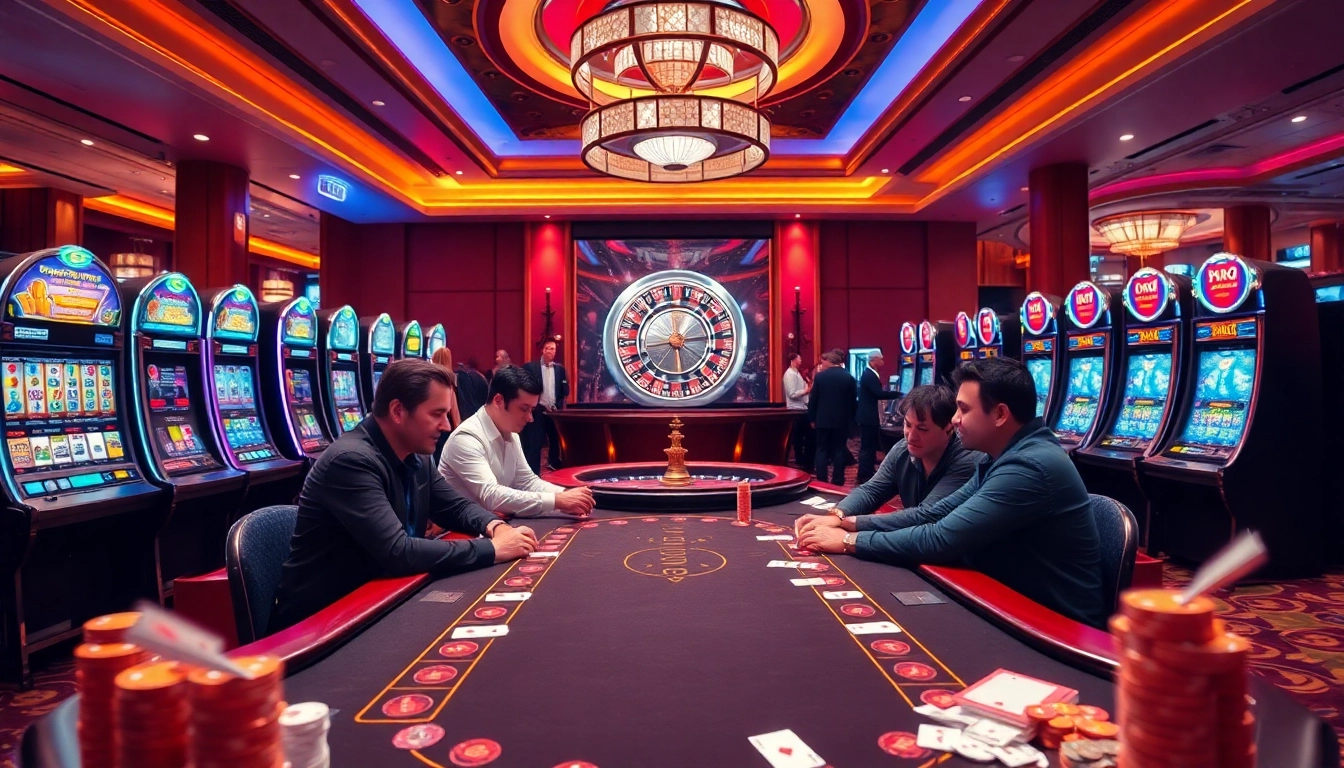 Experience the excitement of nn88 bet in a vibrant casino setting with a poker table and slot machines.