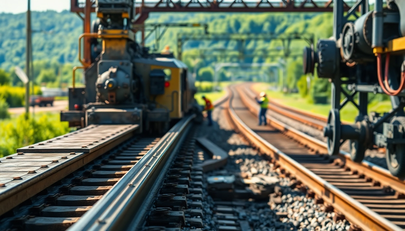 Inspecting Railroad Maintenance machinery in a busy maintenance yard with vibrant green landscape.