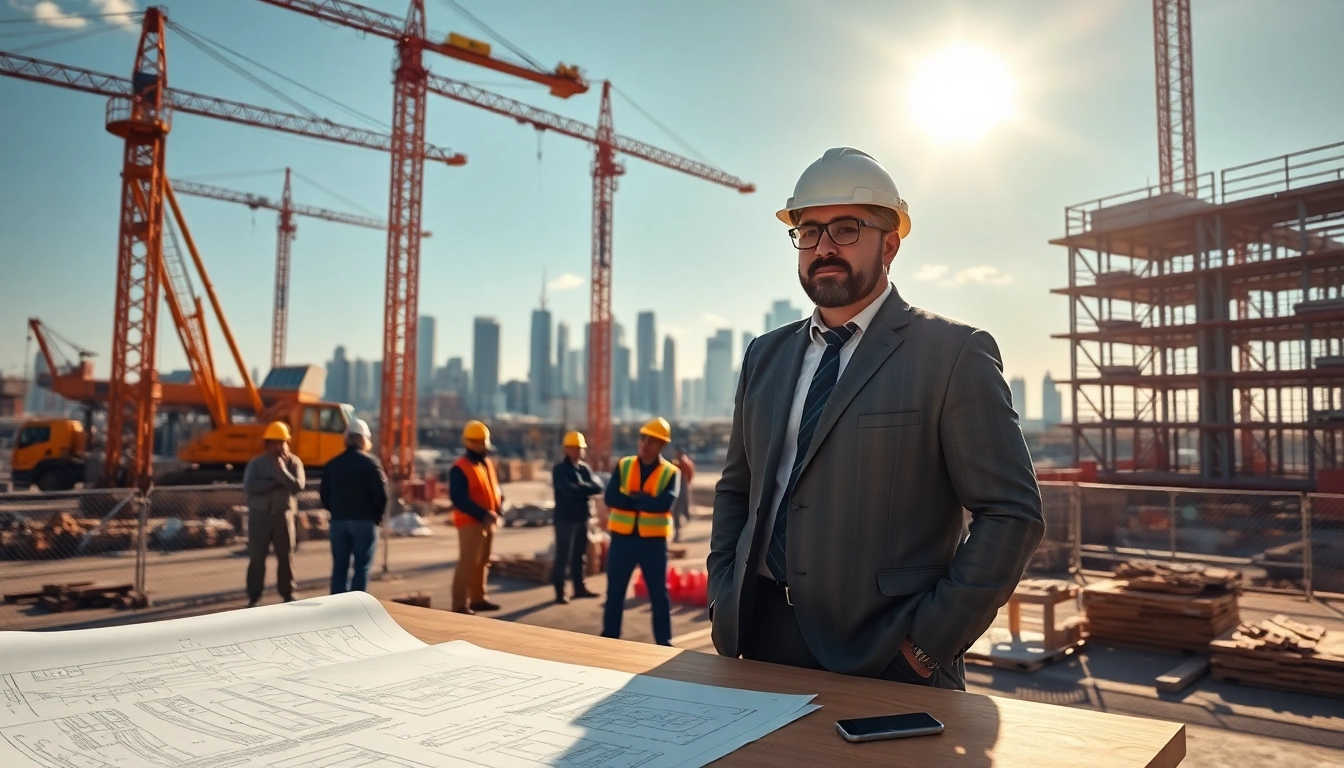 Construction developer leading a project at a construction site with blueprints in hand.