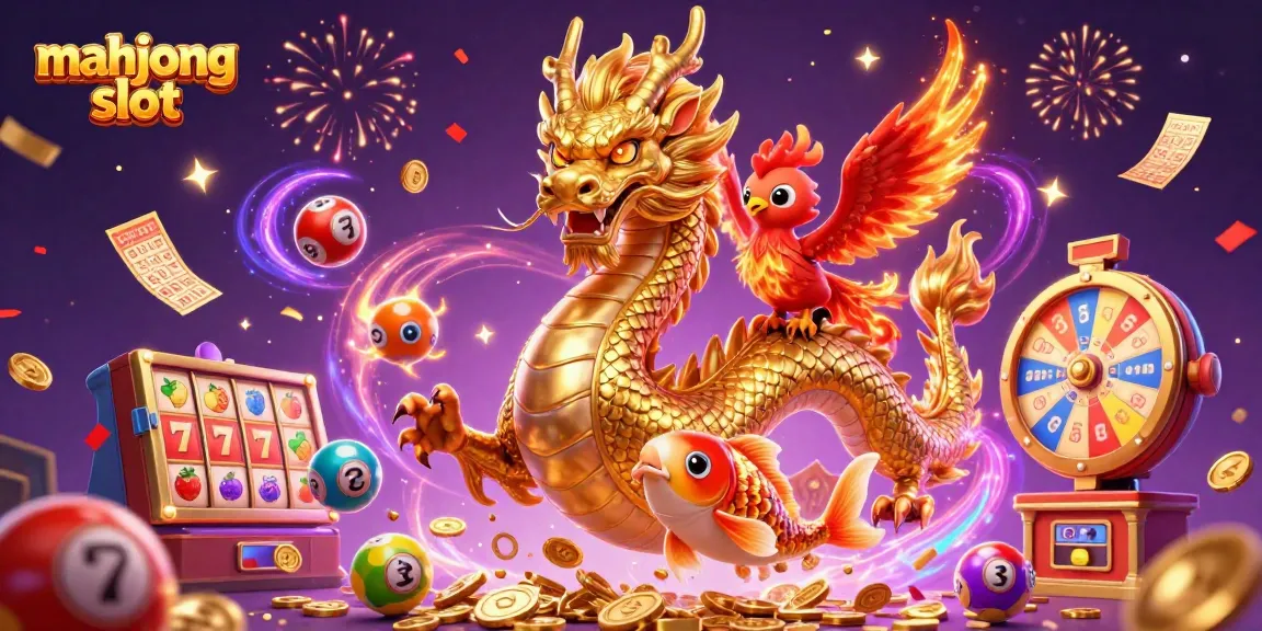 Engage with mahjong slot excitement in a vibrant scene featuring a dragon, phoenix, and koi fish.