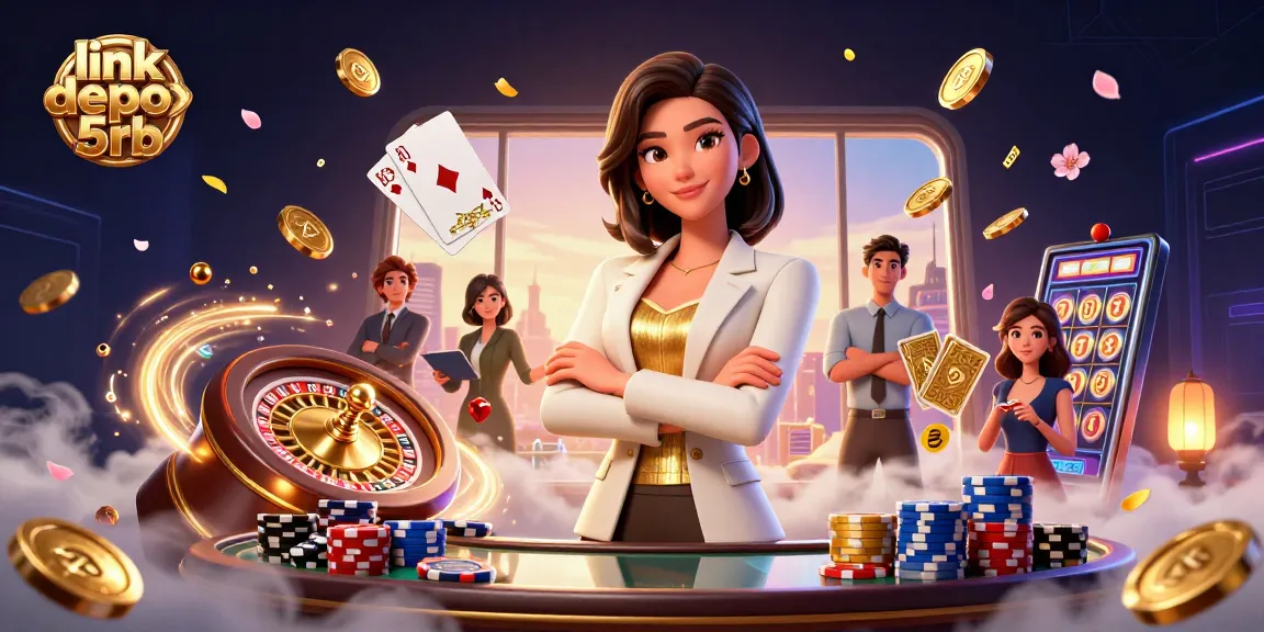 Experience gaming excitement with link depo 5rb showcasing a powerful businesswoman amidst vibrant casino elements.