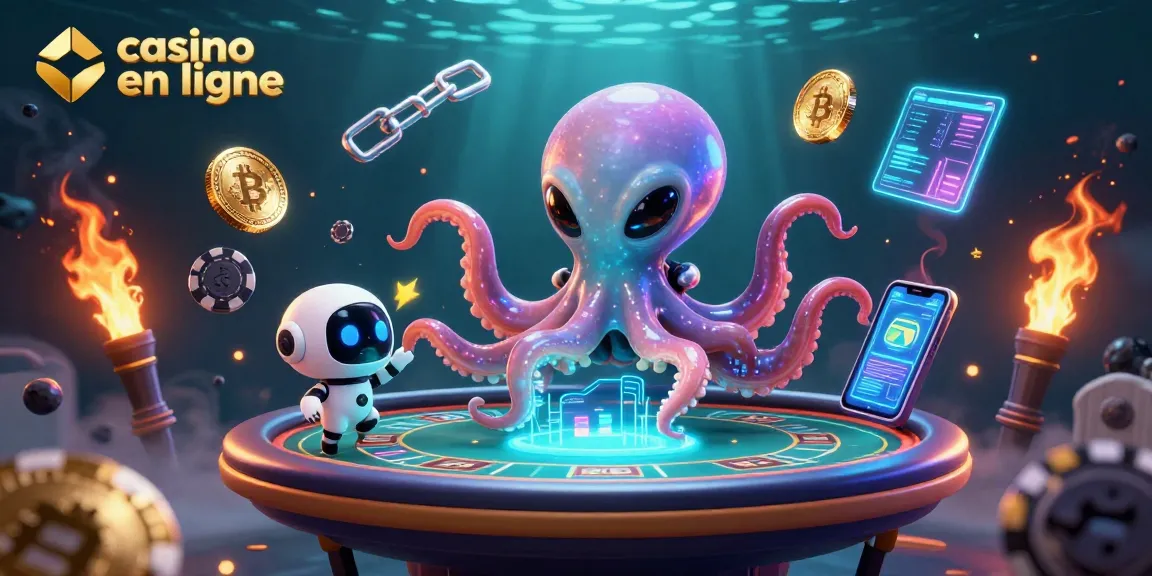 Jouez aux jeux de casino en ligne avec une illustration dynamique de l'octopus alien et ses jetons en orbite.