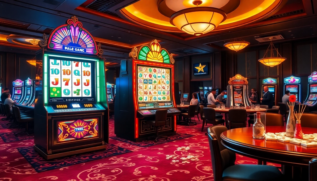 Playing mahjong slot demo in a luxurious casino environment with vibrant decor and exciting ambiance.
