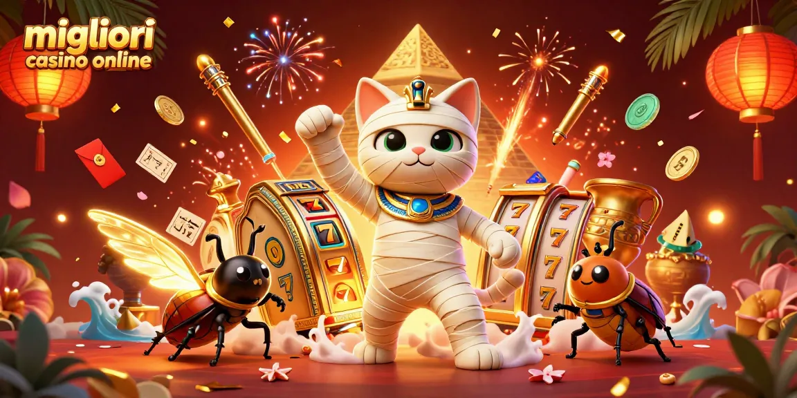Scopri i migliori casino online con un gatto mummia egiziano che emerge da un sarcofago in un casinò pyramidale.