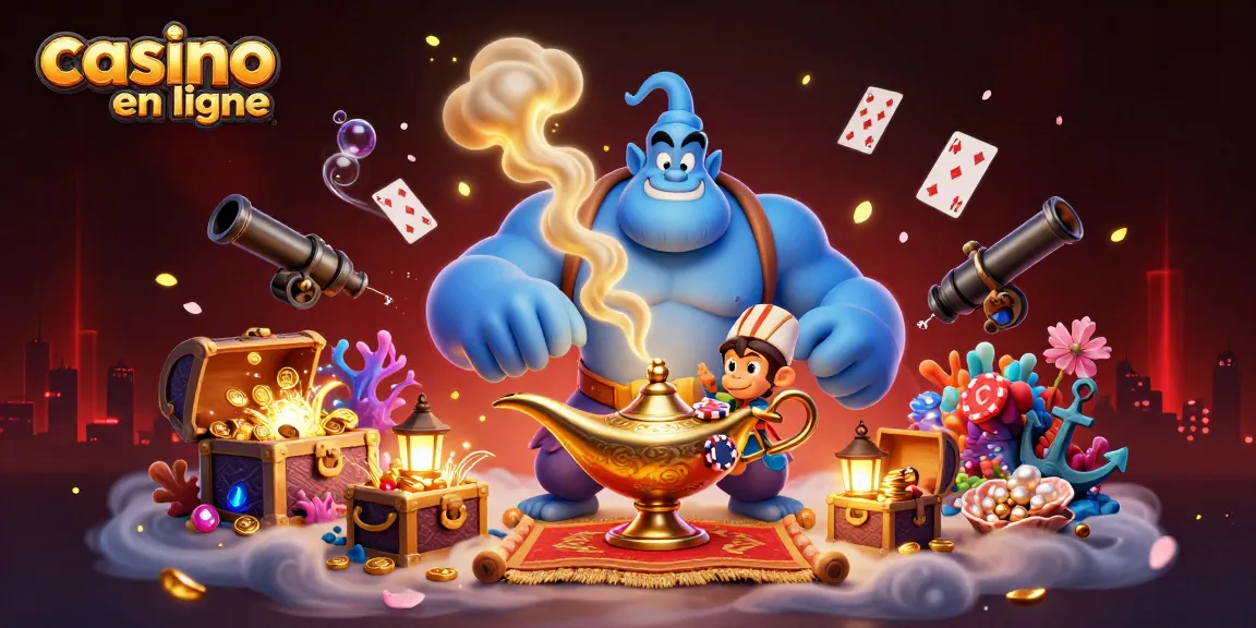 Plongez dans un casino en ligne captivant avec notre illustration dynamique d'un génie émergeant d'une lampe magique, entouré de trésors.