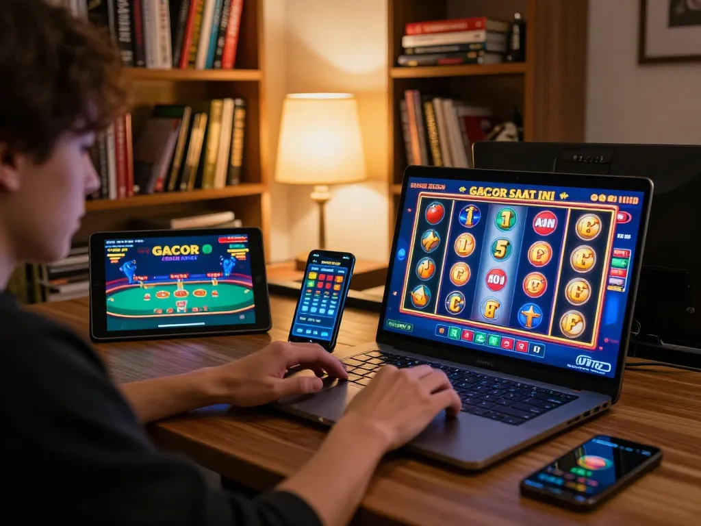 Engaging online gambling moment featuring slot gacor saat ini gameplay on a laptop while using a tablet for strategy
