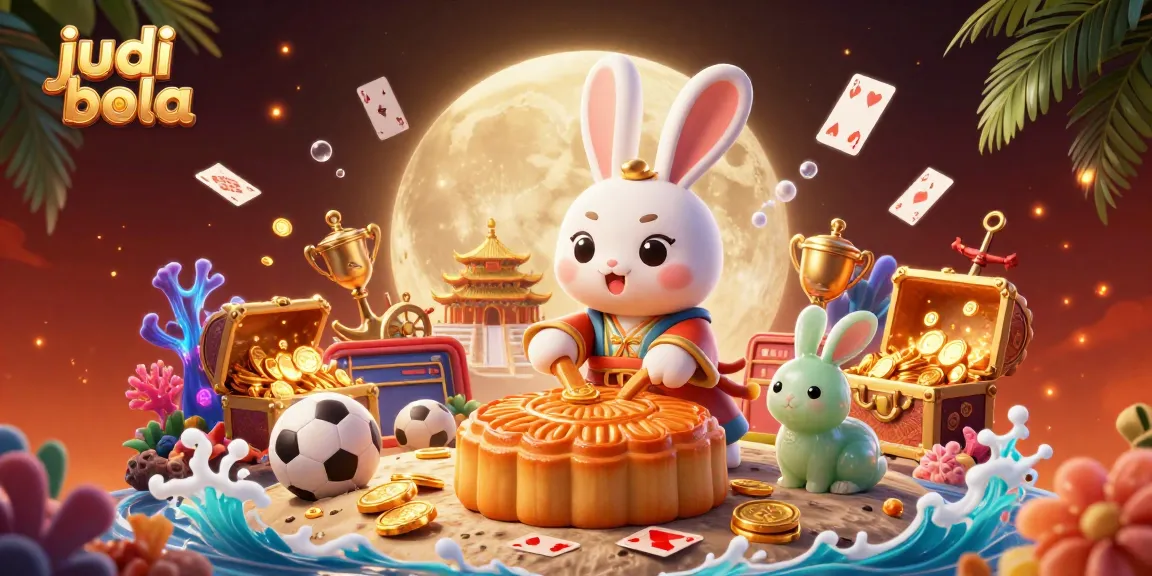 Bet on exciting judi bola matches with this vibrant illustration featuring a moon rabbit and dynamic sports scenes.