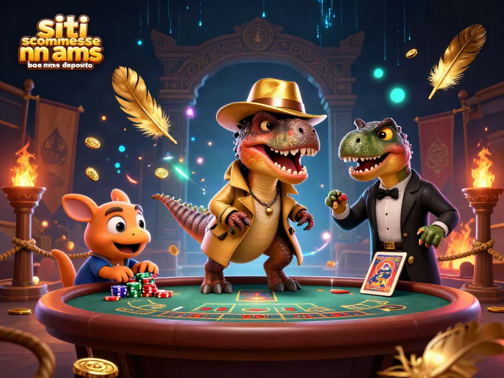 Immagine dinamica con siti scommesse non aams bonus senza deposito, gioco d'azzardo e personaggi di dinosauri.