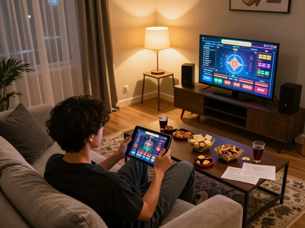 Engaging in online gambling at casinò online italiani non aams with tablet in cozy home setup.