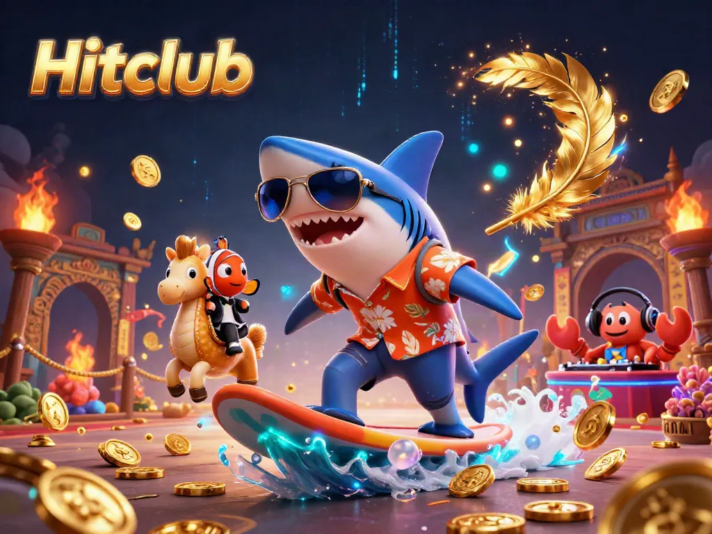 Hitclub offers exciting gaming experiences with a lively digital illustration of a shark, seahorse, and crab in 3D.