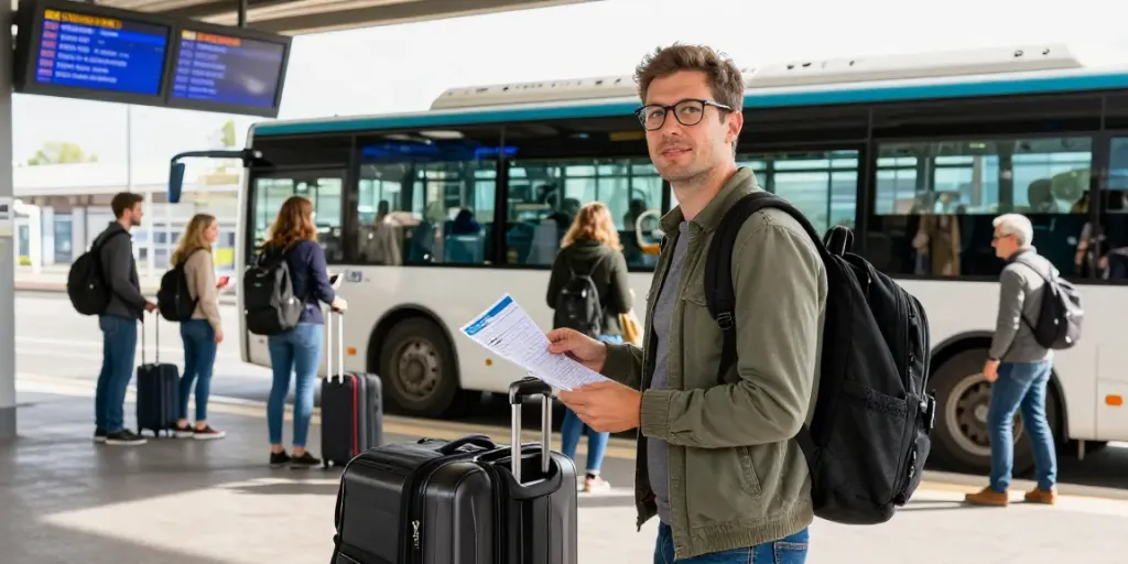 Transport Moldova Belgia - Călător pregătindu-se pentru plecare la o stație de autobuz, cu bagaj și itinerar în mână.