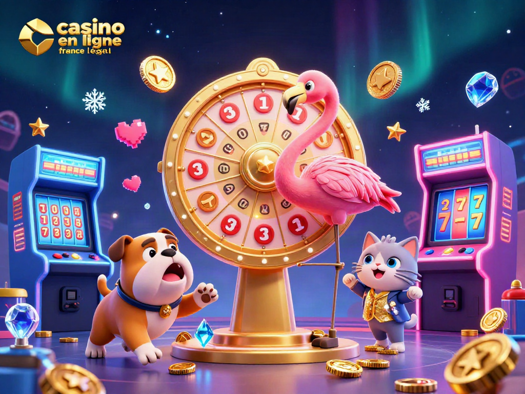 Illustration dynamique d'un casino en ligne France légal avec des personnages animés, machines à sous et effets lumineux.