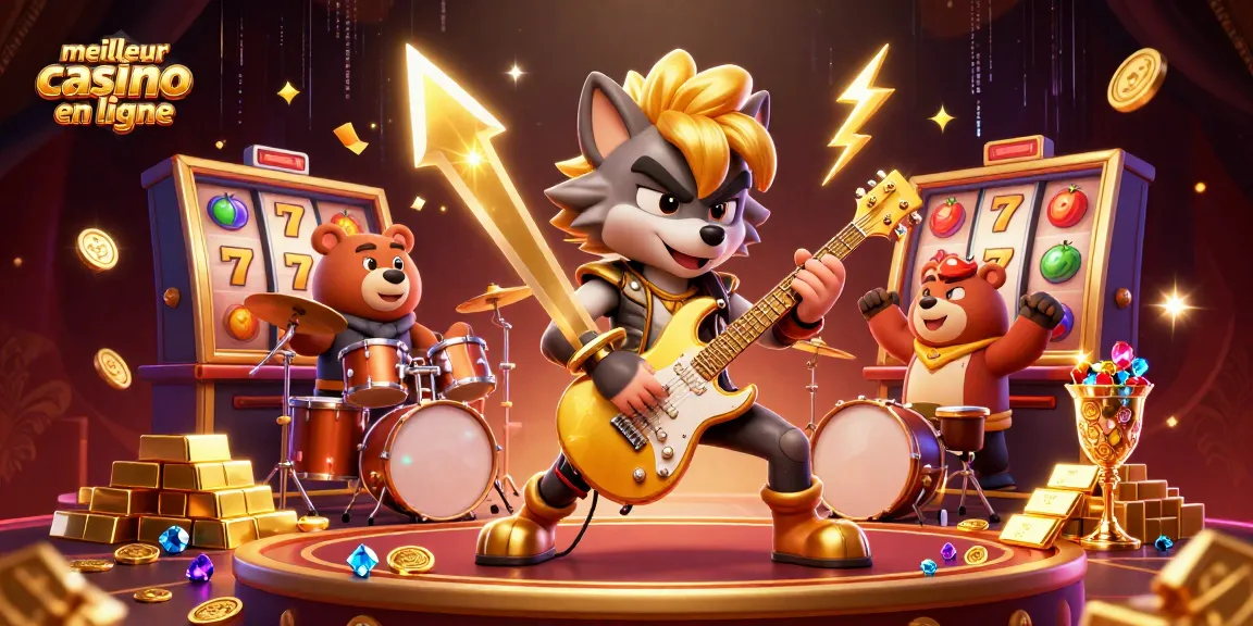 Illustration dynamique du meilleur casino en ligne avec un loup rock star et un ours batteur sur scène, entourés de trésors