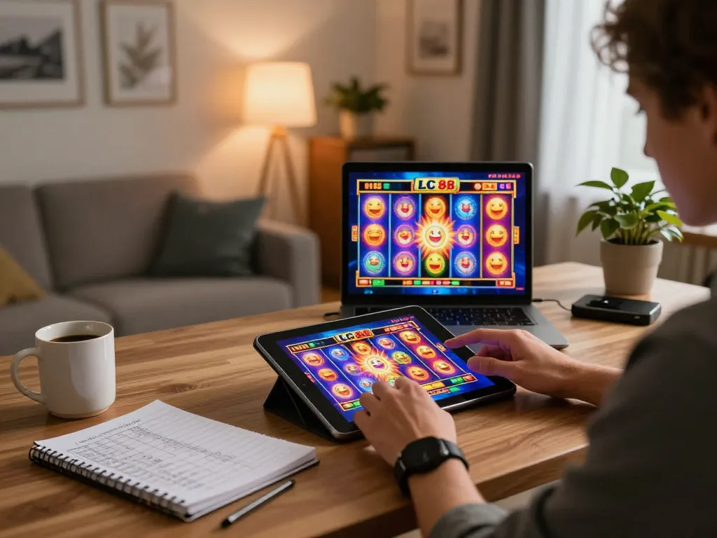 Engaging gameplay on LC 88 slot game displayed on a tablet, illustrating online casino excitement