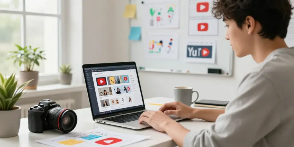 Creative workspace using an online AI YouTube thumbnail generator to design engaging video thumbnails.